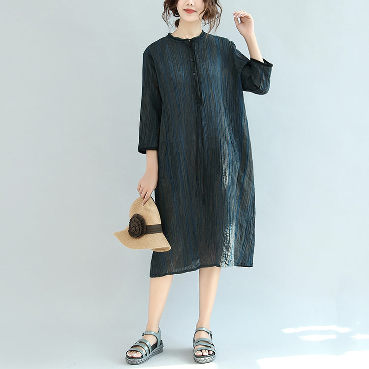 New Autumn Dark Blue Linen Drsses Maxi Dress