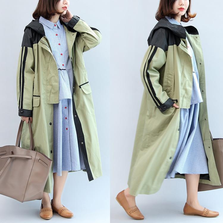 New Autumn Linght Green Patchwork Cotton Outwear Hooded Maxi Coat