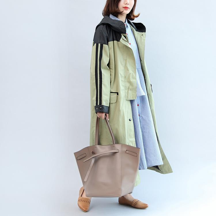 New Autumn Linght Green Patchwork Cotton Outwear Hooded Maxi Coat