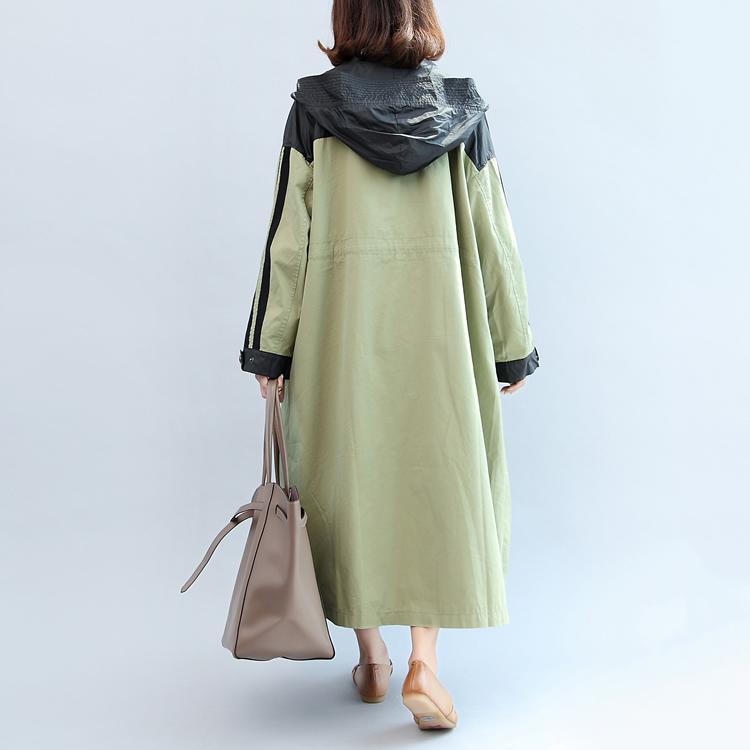New Autumn Linght Green Patchwork Cotton Outwear Hooded Maxi Coat