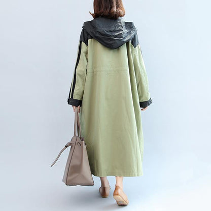New Autumn Linght Green Patchwork Cotton Outwear Hooded Maxi Coat