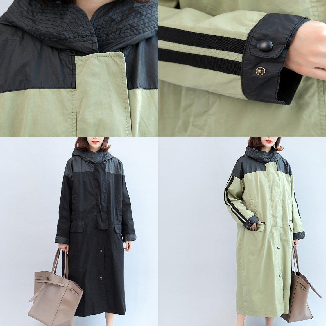 New Autumn Linght Green Patchwork Cotton Outwear Hooded Maxi Coat