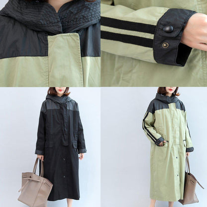 New Autumn Linght Green Patchwork Cotton Outwear Hooded Maxi Coat