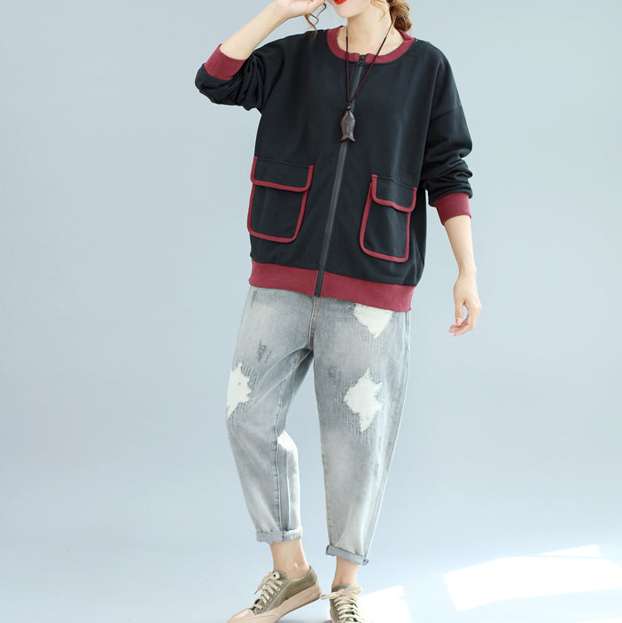 New Autumn Winter Black Patchwork Cotton Short Coat Outwear