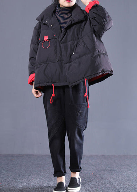 New Black Clothing Stand Collar Quilted Coat Drawstring Pockets Down Coat