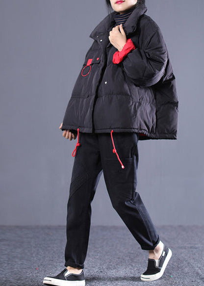 New Black Clothing Stand Collar Quilted Coat Drawstring Pockets Down Coat