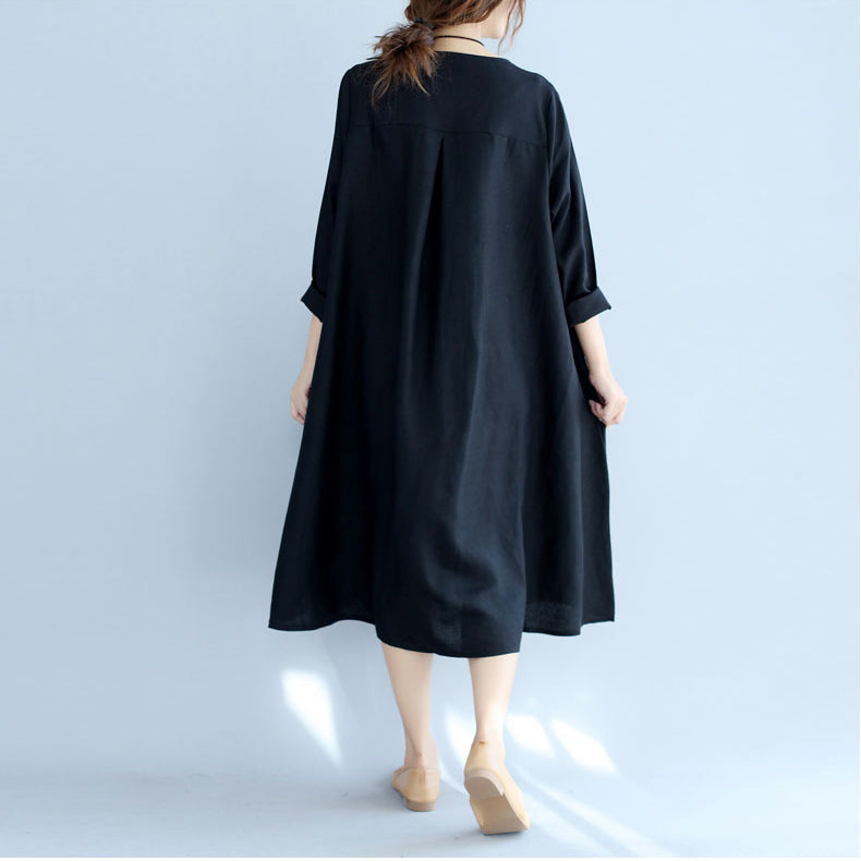 New Black Print Cotton Linen Dresses Long Sleeve Maternity Dress