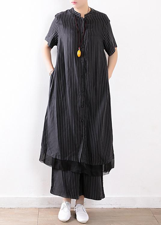 New Black Chiffon Striped Two Pieces Long Shirt With Wide Leg Pants