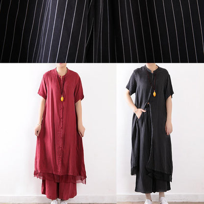 New Black Chiffon Striped Two Pieces Long Shirt With Wide Leg Pants