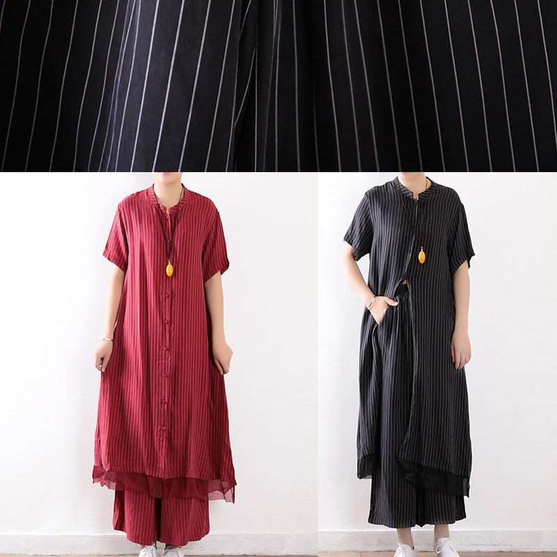 New Black Chiffon Striped Two Pieces Long Shirt With Wide Leg Pants