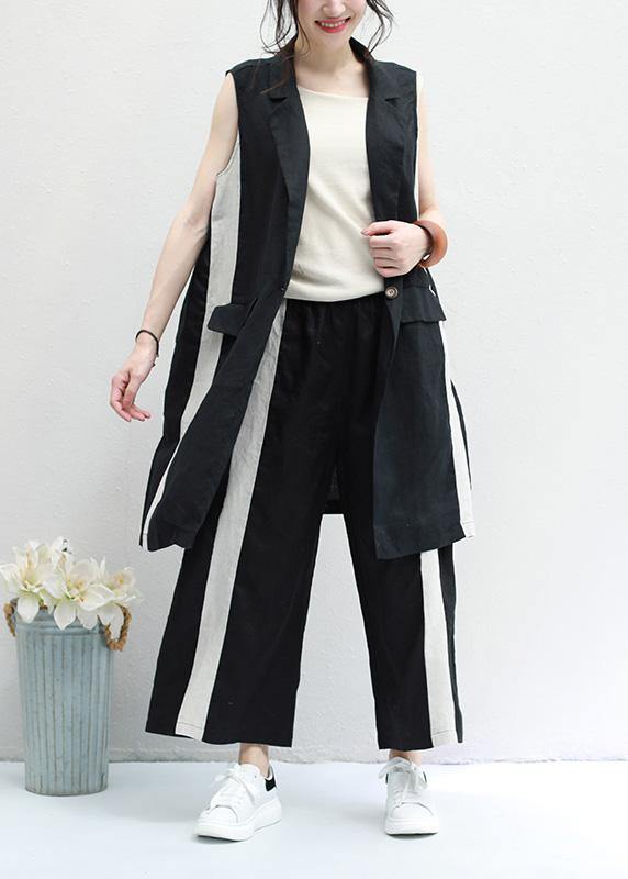 New Black Striped Vest and Elastic Waist Wide Leg Pants
