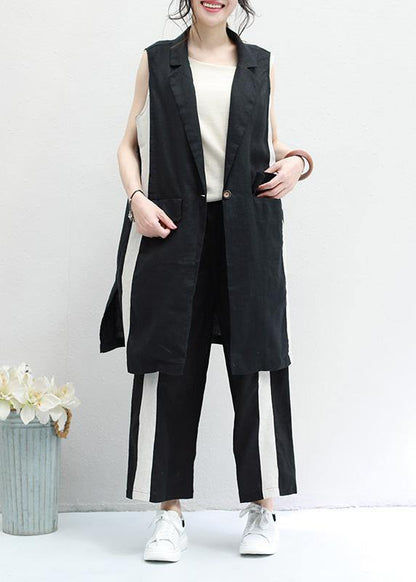 New Black Striped Vest and Elastic Waist Wide Leg Pants