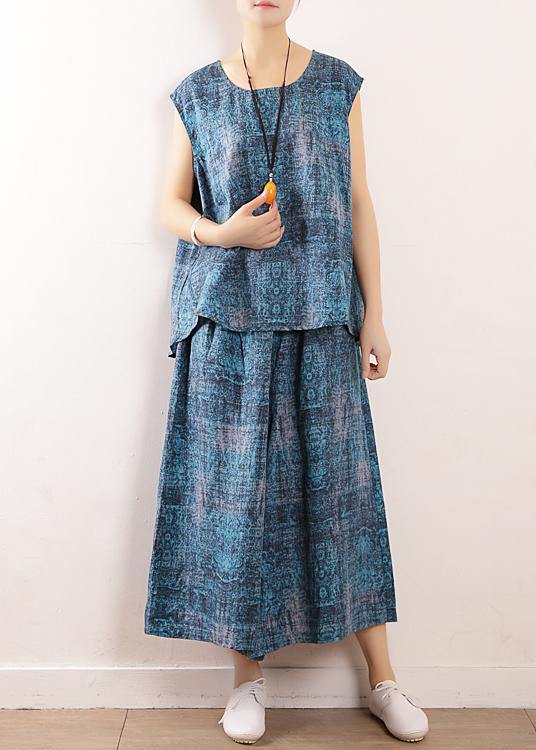 New Blue Prints Linen Loose Tops and Elastic Waist Crop Pants