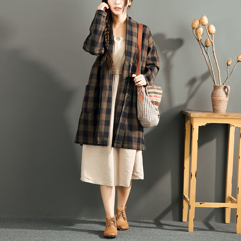 New Chocolate Grid Cotton Cardigans Long Sleeve High Waist Shirt Coats