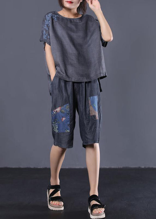 New Cotton Embroidery O Neck Tops With Crop Pants Black Two Pieces
