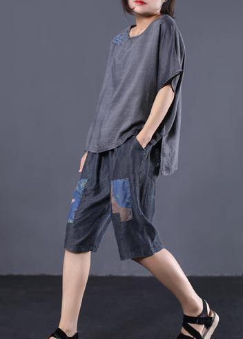 New Cotton Embroidery O Neck Tops With Crop Pants Black Two Pieces