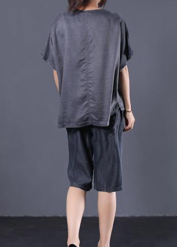 New Cotton Embroidery O Neck Tops With Crop Pants Black Two Pieces