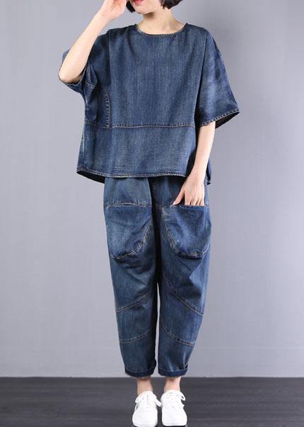 New Denim Blue Cotton Short Sleeve O Neck Tops and Big Pockets Pants Two Pieces
