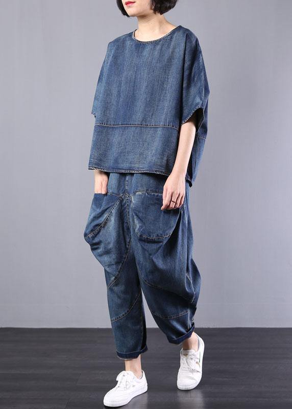 New Denim Blue Cotton Short Sleeve O Neck Tops and Big Pockets Pants Two Pieces