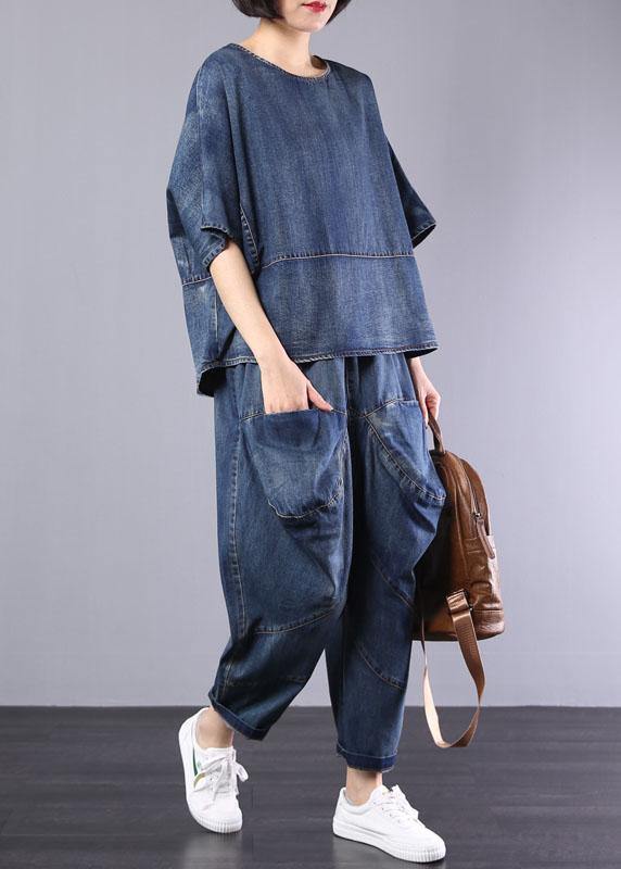 New Denim Blue Cotton Short Sleeve O Neck Tops and Big Pockets Pants Two Pieces