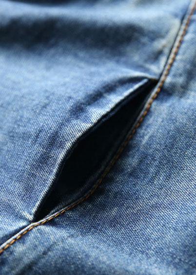 New Denim Blue Cotton Short Sleeve O Neck Tops and Big Pockets Pants Two Pieces