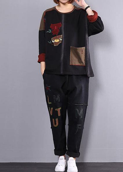 New Fall Cotton Black Patchwork Blouse With Harem Pants