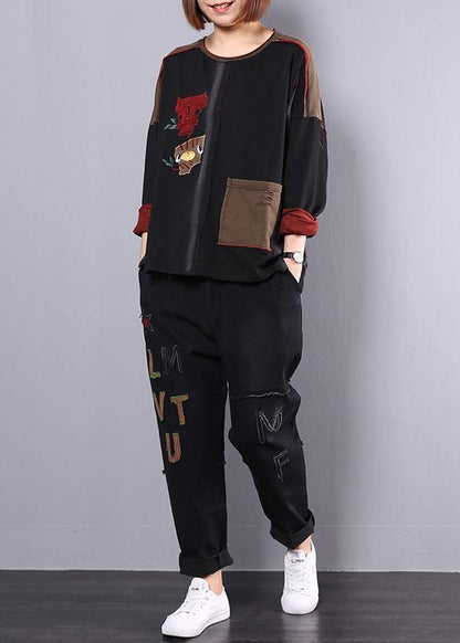New Fall Cotton Black Patchwork Blouse With Harem Pants