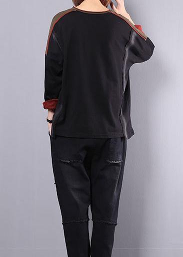 New Fall Cotton Black Patchwork Blouse With Harem Pants