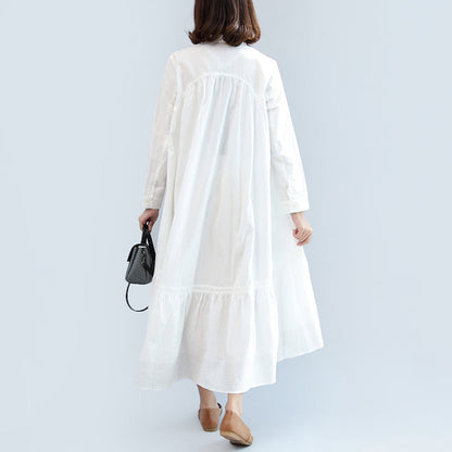 New Fall White Cotton Dress Long Sleeve Maxi Dress