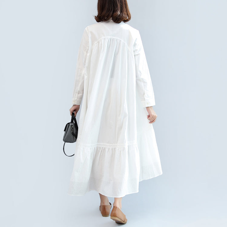 New Fall White Cotton Dress Long Sleeve Maxi Dress