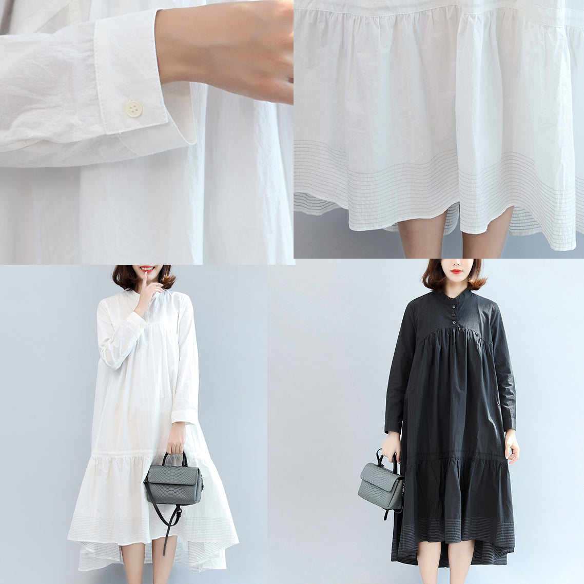New Fall White Cotton Dress Long Sleeve Maxi Dress