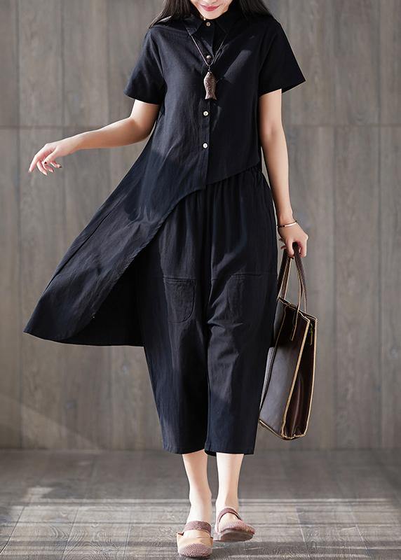 New Lapel Asymmetric Tops and Harem Pants Black Two Pieces