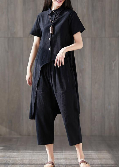 New Lapel Asymmetric Tops and Harem Pants Black Two Pieces