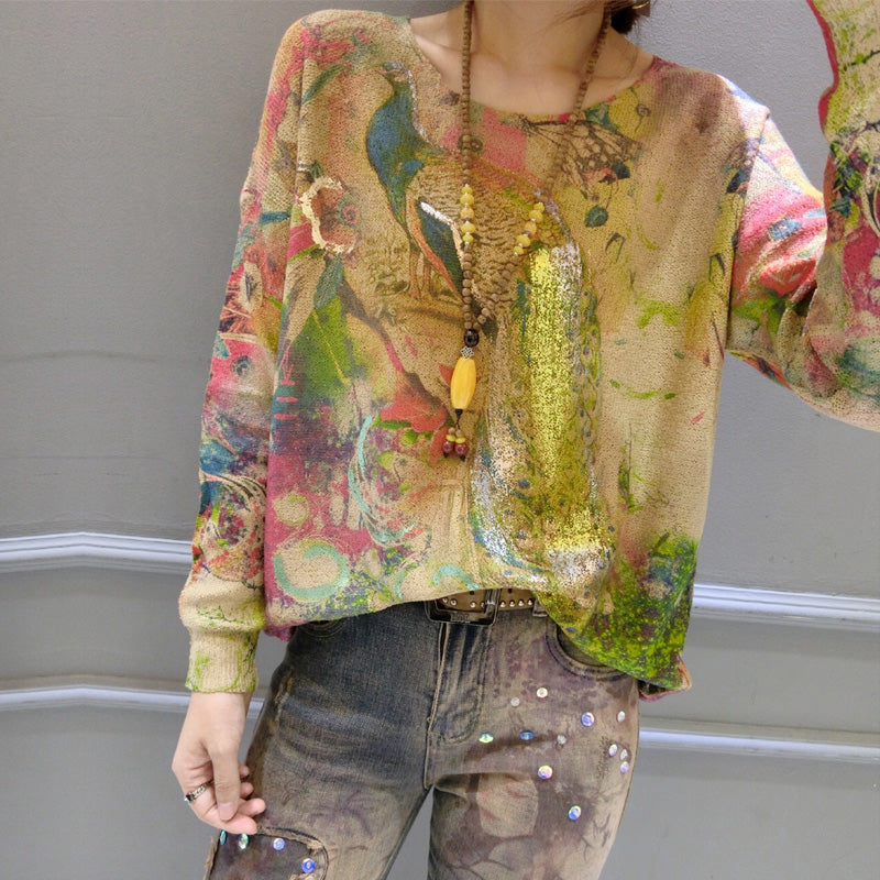 New Warm Gold Phoenix Print Cotton Knit Pullover Long Sleeve Casaul Sweater