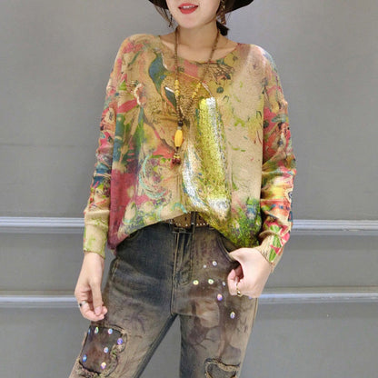 New Warm Gold Phoenix Print Cotton Knit Pullover Long Sleeve Casaul Sweater