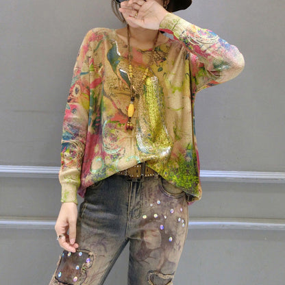 New Warm Gold Phoenix Print Cotton Knit Pullover Long Sleeve Casaul Sweater