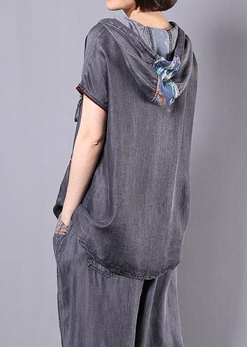 New Gray Cotton Two Pieces Hooded Pullover and Appliques Elastic Waist Pants