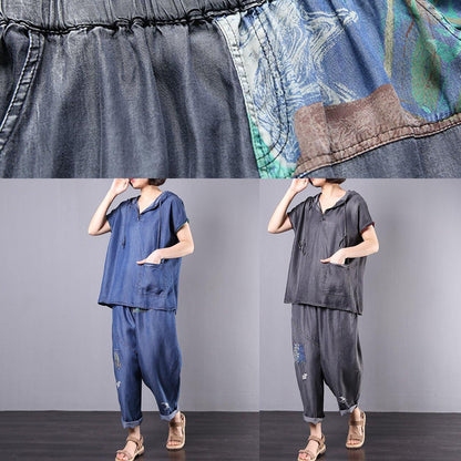 New Gray Cotton Two Pieces Hooded Pullover and Appliques Elastic Waist Pants