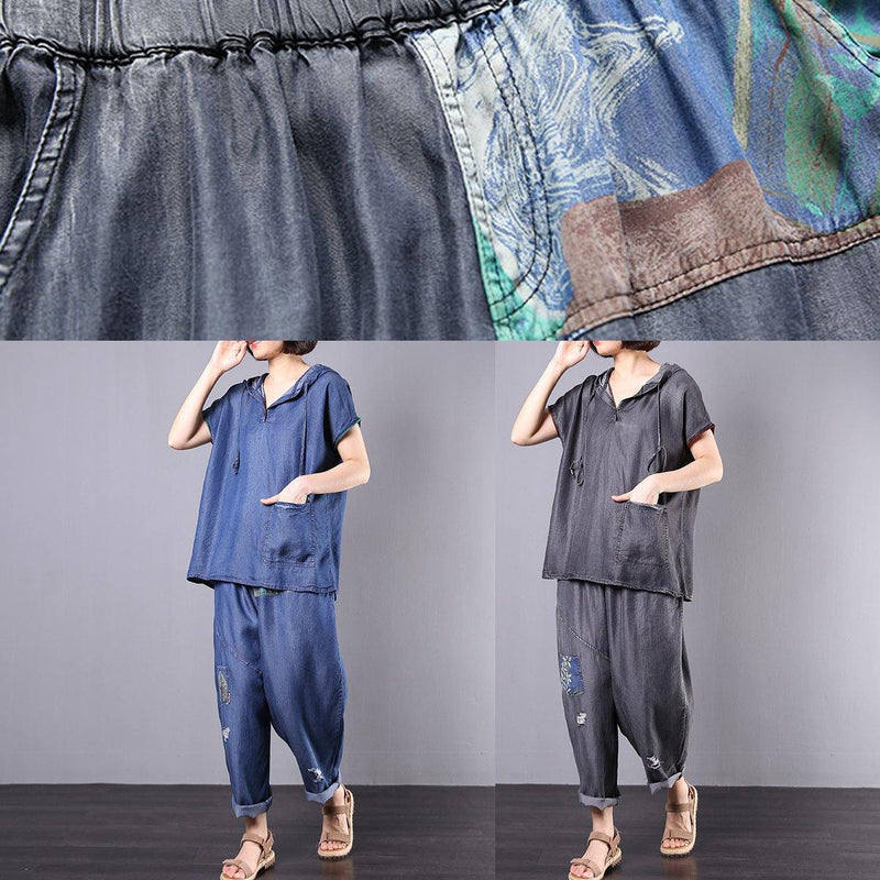 New Gray Cotton Two Pieces Hooded Pullover and Appliques Elastic Waist Pants