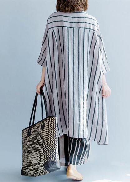 New Gray Striped Linen Dresses Asymmetric Patchwork O Neck Dress