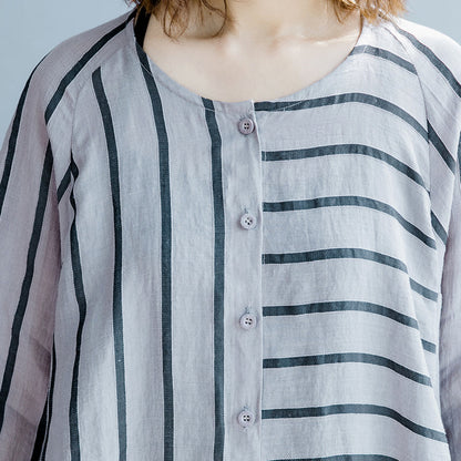 New Gray Striped Linen Dresses Asymmetric Patchwork O Neck Dress