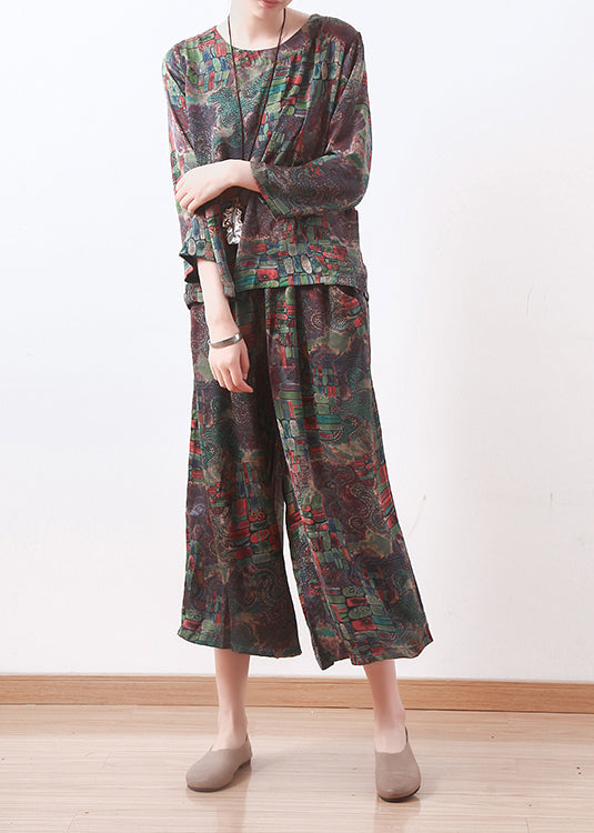 New Green Chiffon Two Pieces O Neck Tops With Loose Wide-leg Pants