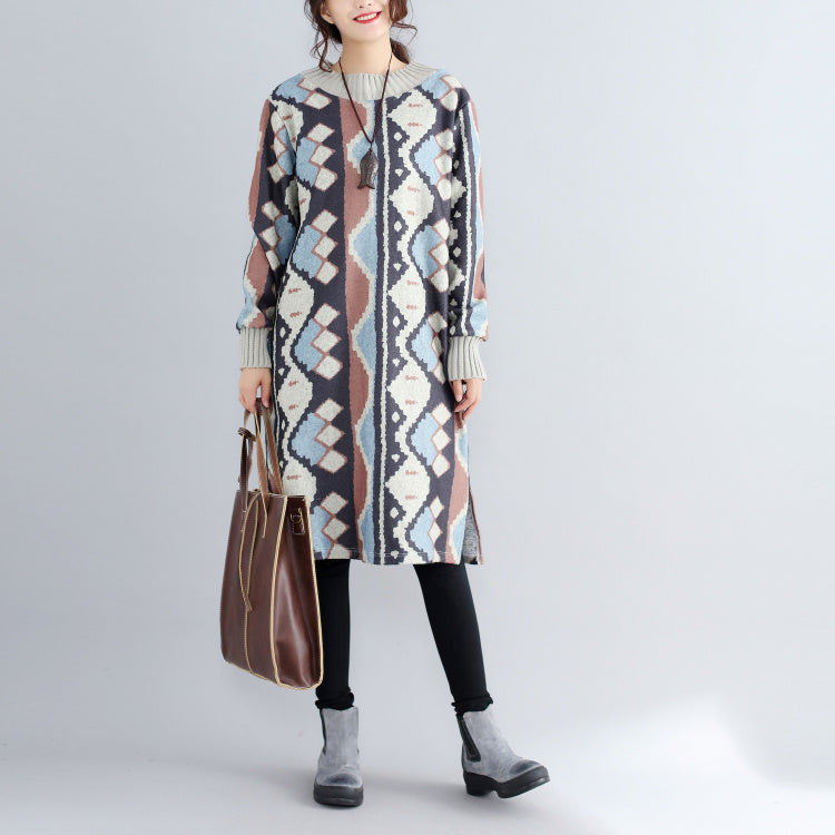 New Khaki Prints Woolen Sweater Dresses Oversize Side Open Knit Dress