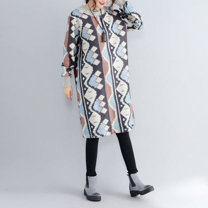 New Khaki Prints Woolen Sweater Dresses Oversize Side Open Knit Dress