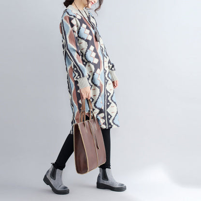 New Khaki Prints Woolen Sweater Dresses Oversize Side Open Knit Dress