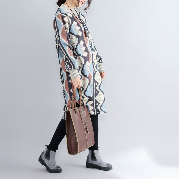 New Khaki Prints Woolen Sweater Dresses Oversize Side Open Knit Dress