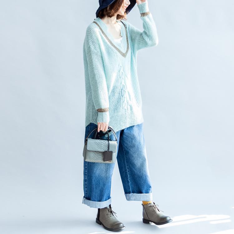 New Light Blue Warm Woolen Sweater Oversized V Neck Knit Tops