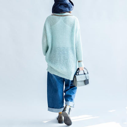 New Light Blue Warm Woolen Sweater Oversized V Neck Knit Tops