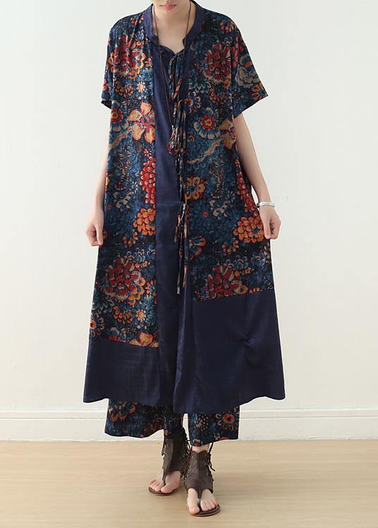 New Loose Blue Retro Print Pattern V-neck Silk Cardigan and Wide Leg Pants Two-piece