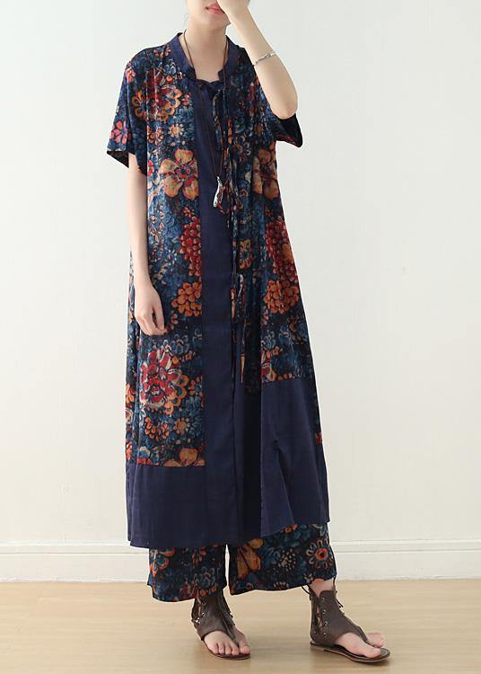 New Loose Blue Retro Print Pattern V-neck Silk Cardigan and Wide Leg Pants Two-piece